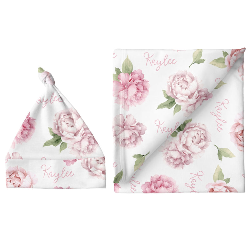 Sugar + Maple Small Blanket & Hat Set - Pink Peonies - Tadpole